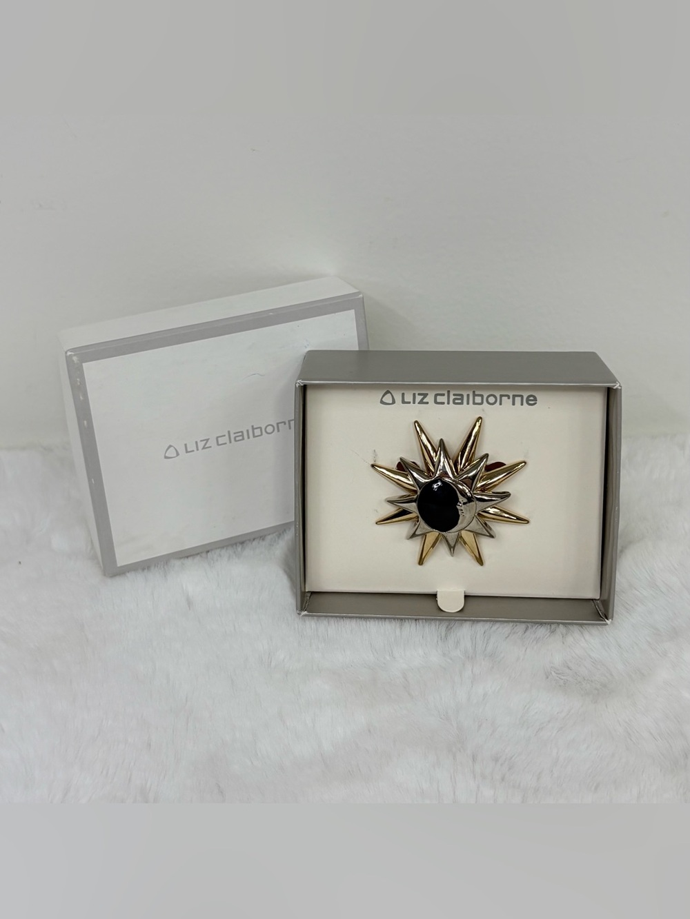 Liz Claiborne Celestial Moon Sun Blue Enamel Gold & Silver Brooch Pin NEW